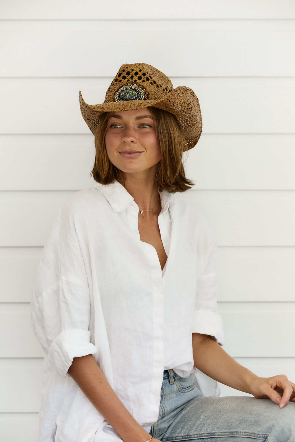 Navajo Western Bead and Feather Raffia Hat - Image 3